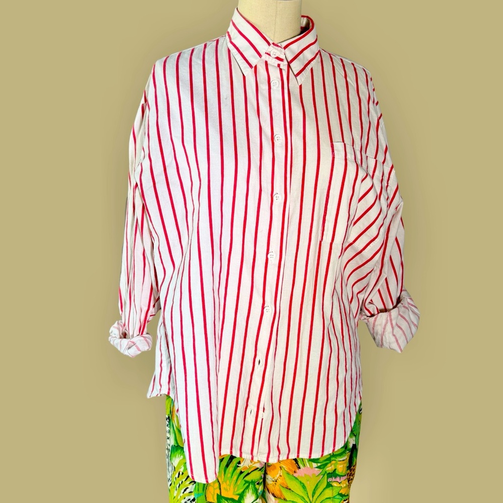 Vintage Italian Red and Whitete Striped Cotton Shirt Sz
L